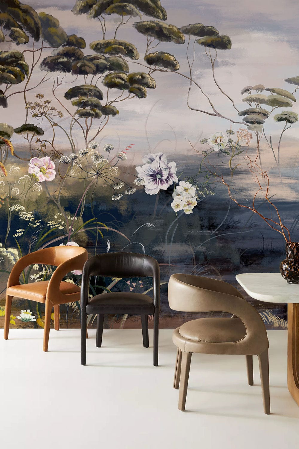 Tranquil Woodland Floral Mural Wallpaper with chairs and table in modern dining room, soft earth tones.