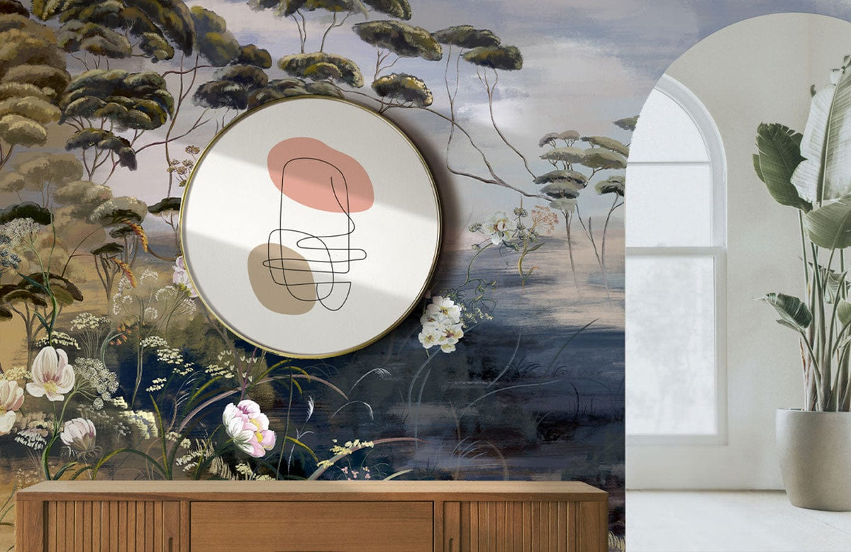 Tranquil Woodland Floral Mural Wallpaper in soft earth tones, art piece, and wooden sideboard in hallway.