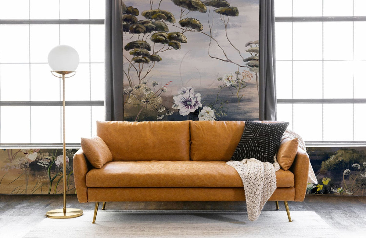 Tan sofa in front of Tranquil Woodland Floral Mural; soft earth tones, pastel colours, living room.