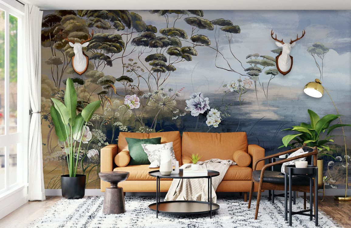 Tranquil Woodland Floral Mural Wallpaper in room with tan sofa, modern chair, rug, and plants.