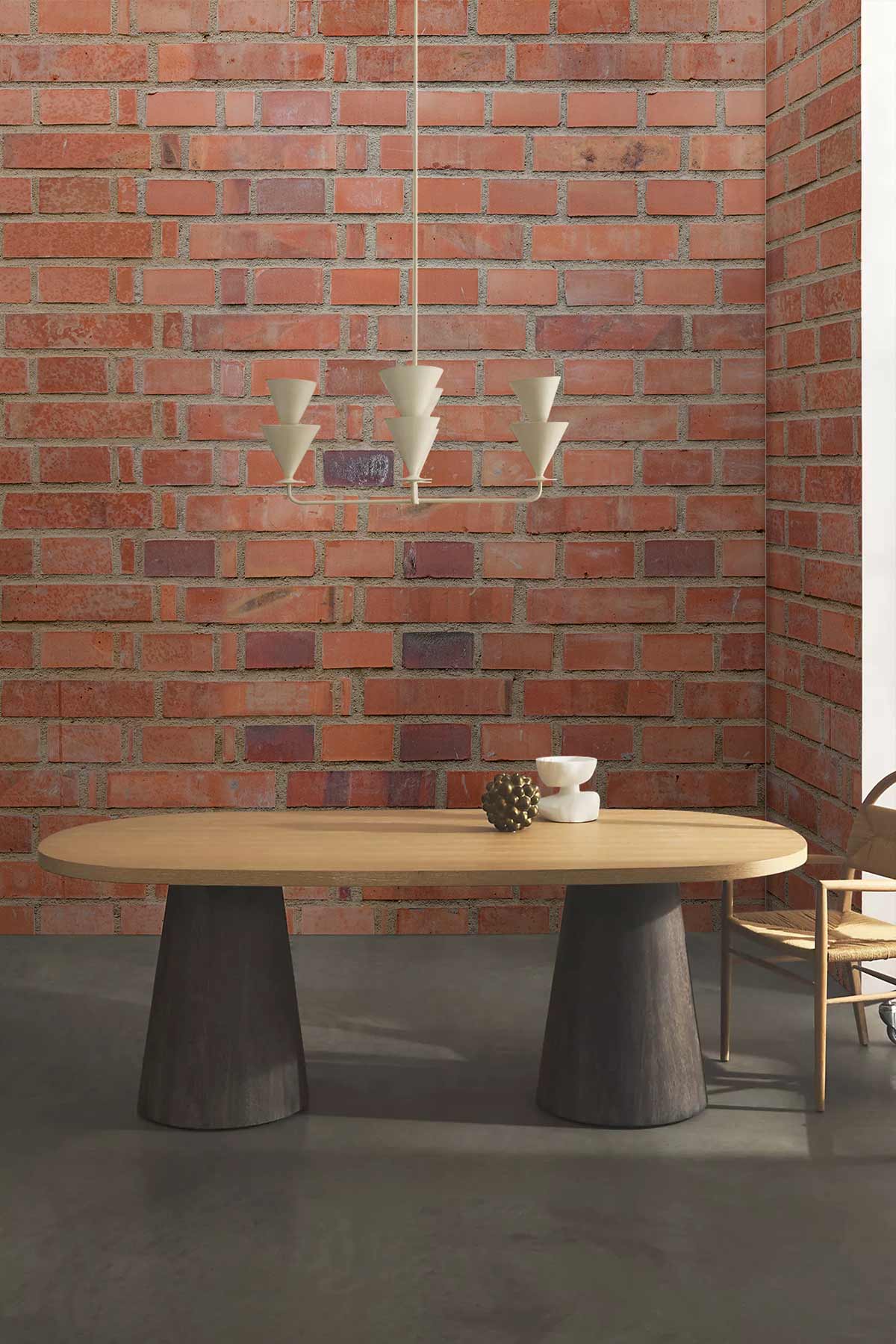 Rustic Red Brick Wallpaper with wooden table, pendant lights, wooden chair, concrete flooring, industrial decor.
