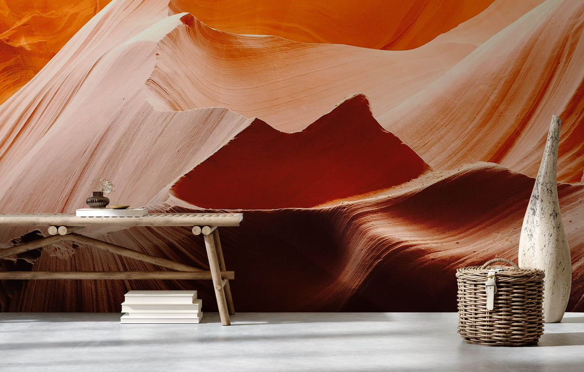 Desert Canyon Elegance Wallpaper in orange earth tones with rustic bench, wicker basket, light flooring.