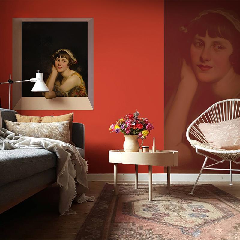Vintage portrait mural wallpaper in bold red tones, classic sofa, wooden floor, elegant lounge decor.