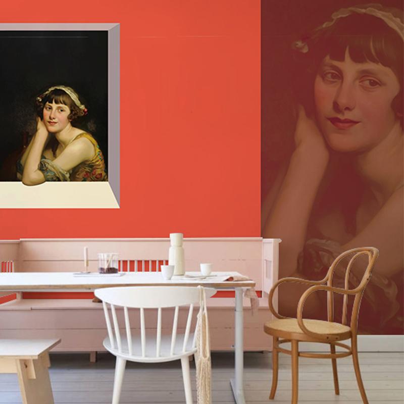 Vintage portrait mural wallpaper in bold red dining room with rustic wooden chairs and white bench.
