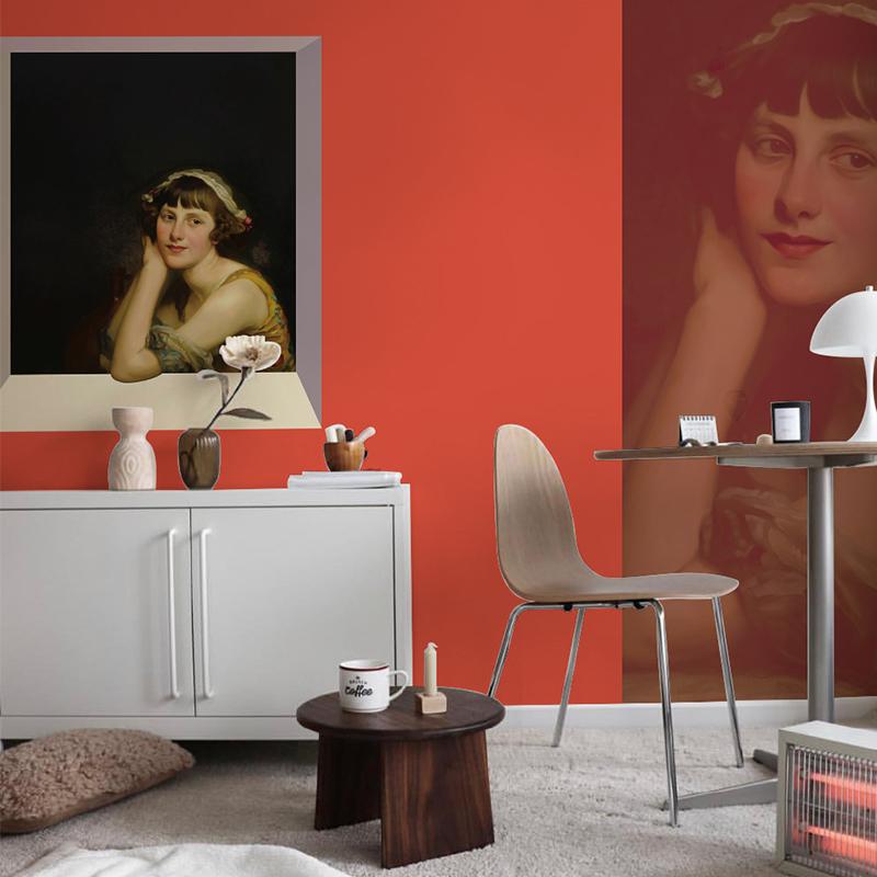 Vintage Portrait Mural Wallpaper in bold red tones, modern living room with grey sofa, wood flooring.