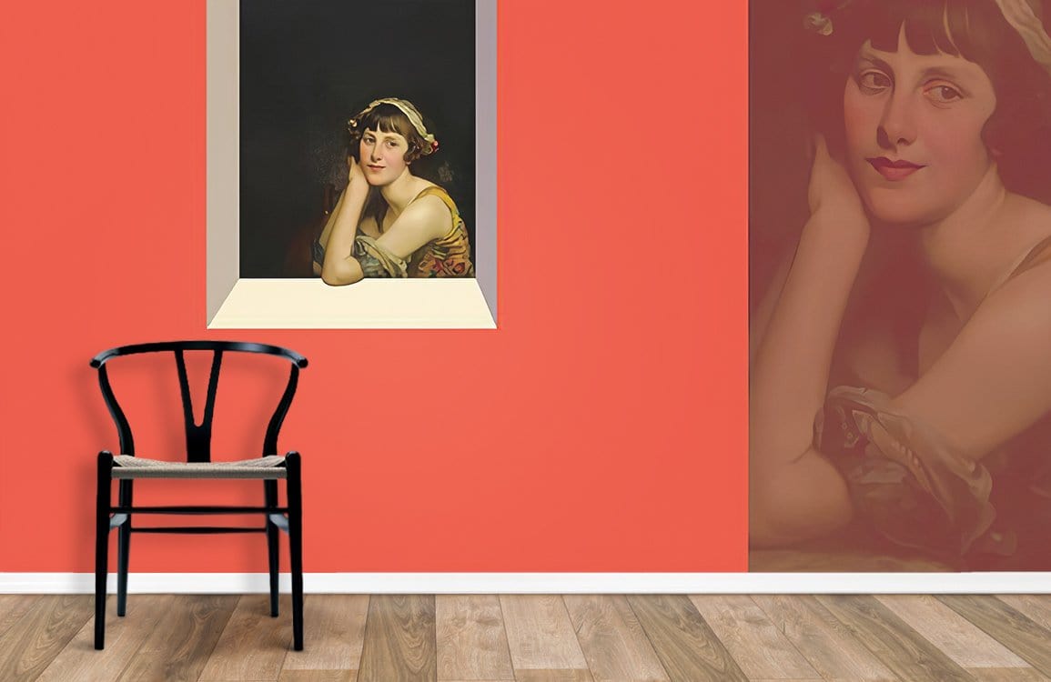 Vintage Portrait Mural Wallpaper in bold red with chair and wooden flooring, earthy design elements present.