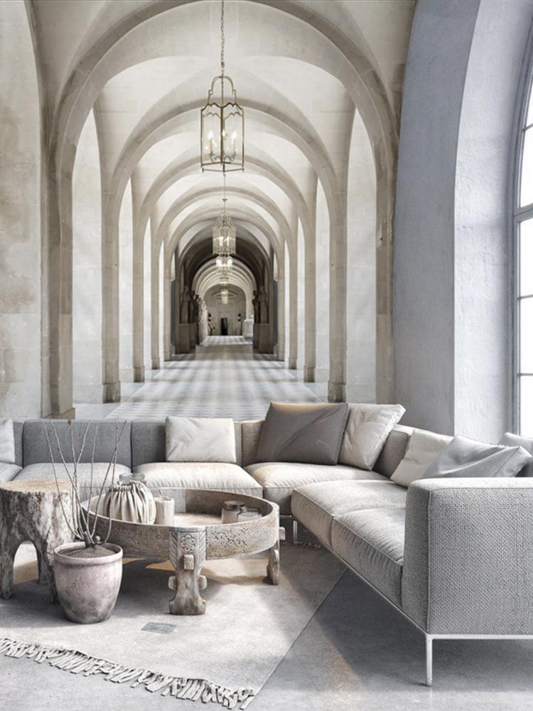 Elegant Grand Hallway Mural Wallpaper, vintage architecture with neutral grey sofa, modern decor, arched windows.