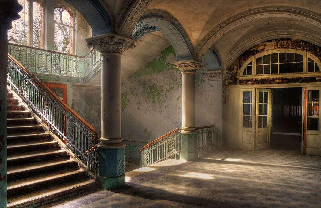 Vintage Elegance Grand Staircase Mural Wallpaper - Rustic Architectural Charm