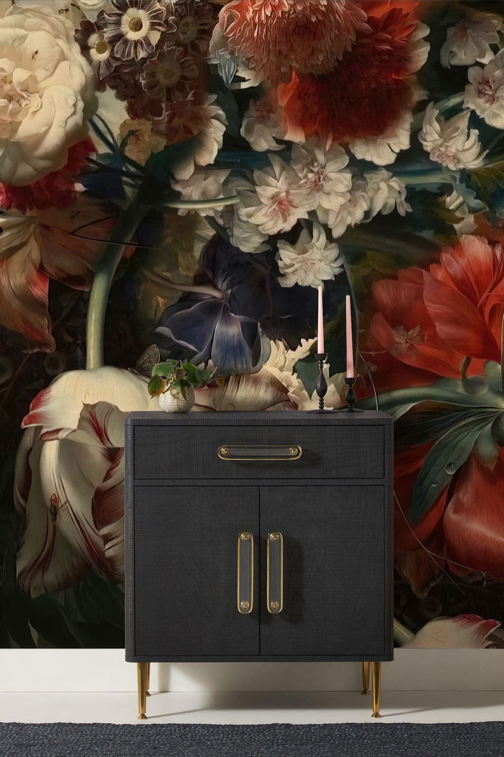 Luxurious botanical wallpaper in vintage floral design with dark tones; black cabinet and grey flooring.