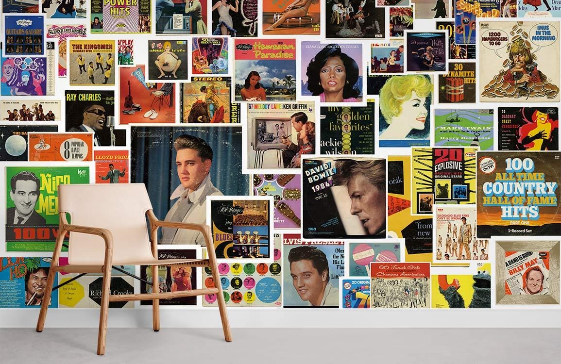 Retro Music Album Collage Mural Wallpaper, vibrant pop art style, white wall, modern wooden chair.