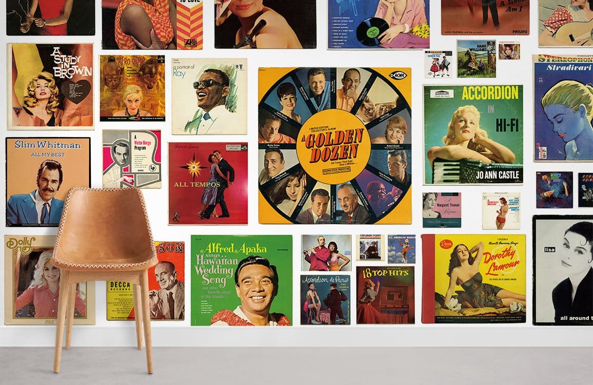 Vintage album cover wallpaper mural with colourful retro music design, brown chair, and light flooring.