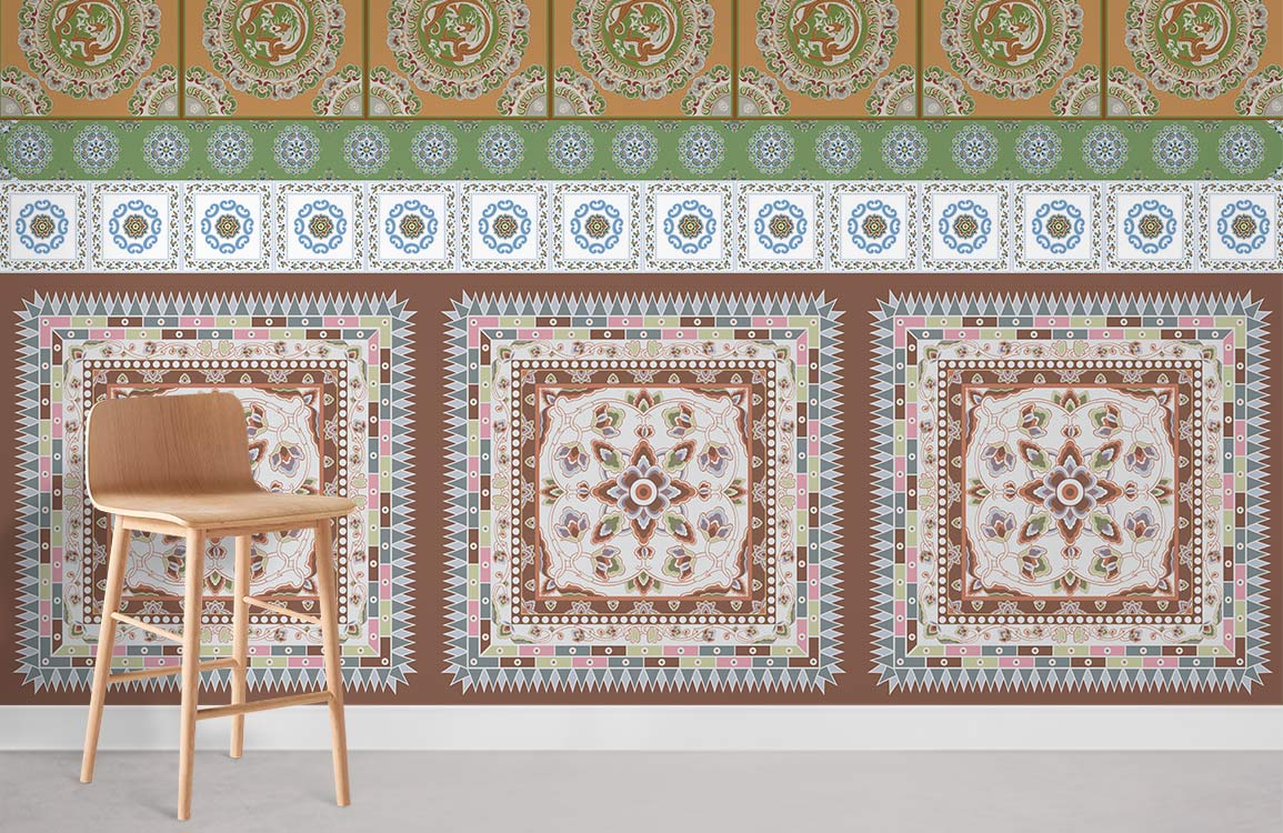 Vintage Earth Tones Geometric Elephant Pattern Wallpaper: Bohemian decor, wooden chair, neutral flooring.