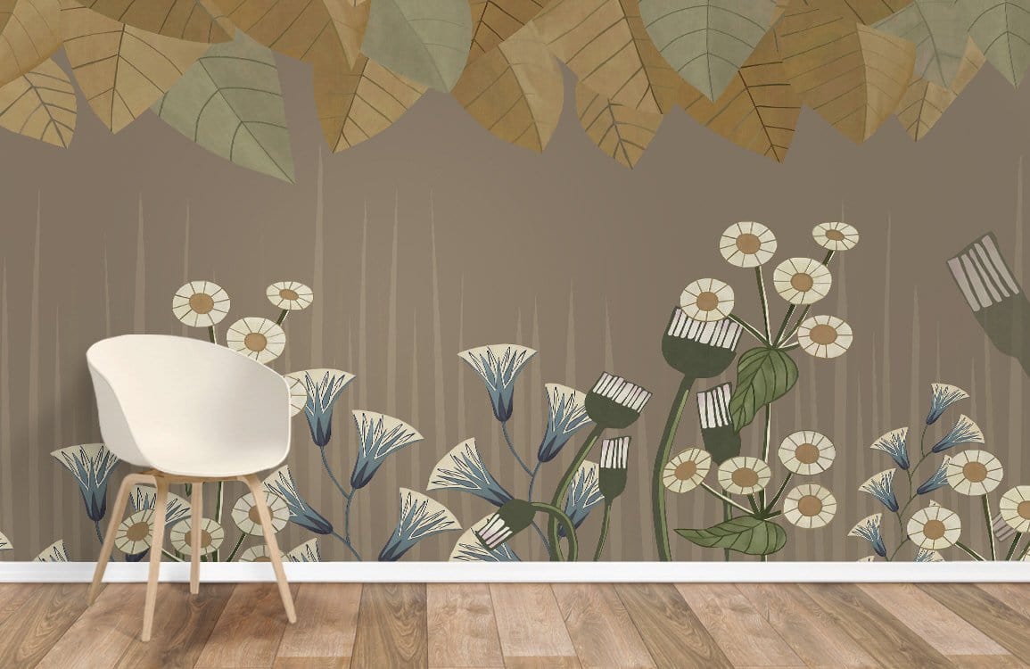 Botanical Harmony mural with earthy leaves, floral patterns; minimalist chair, wood flooring, neutral setting.
