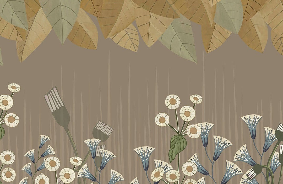 Botanical Harmony Mural Wallpaper with Earthy Leaves and Floral Patterns