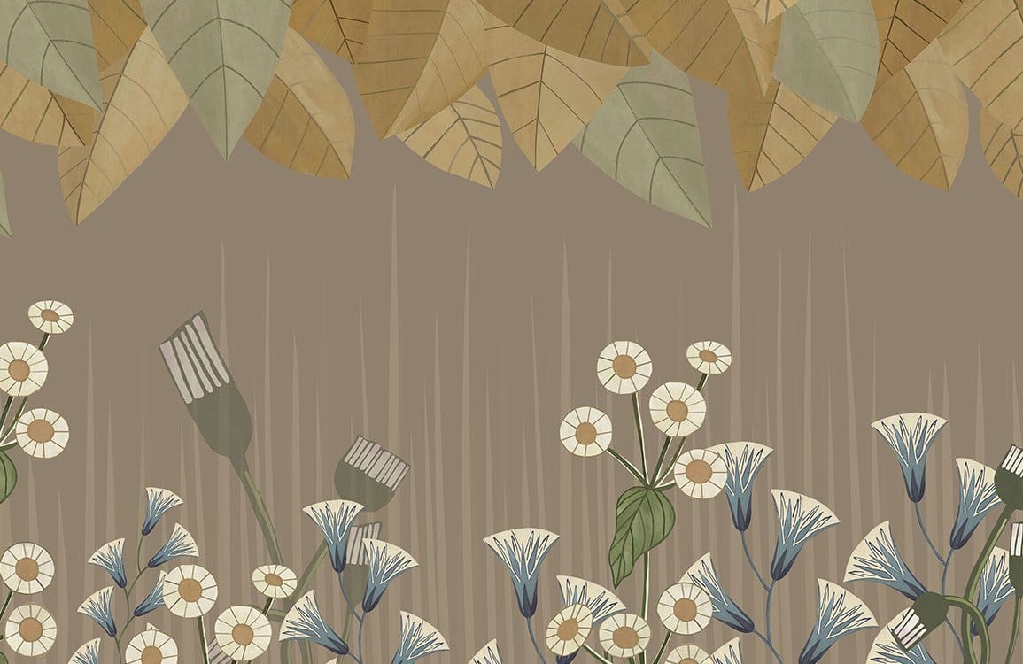 Botanical Harmony Mural Wallpaper with Earthy Leaves and Floral Patterns