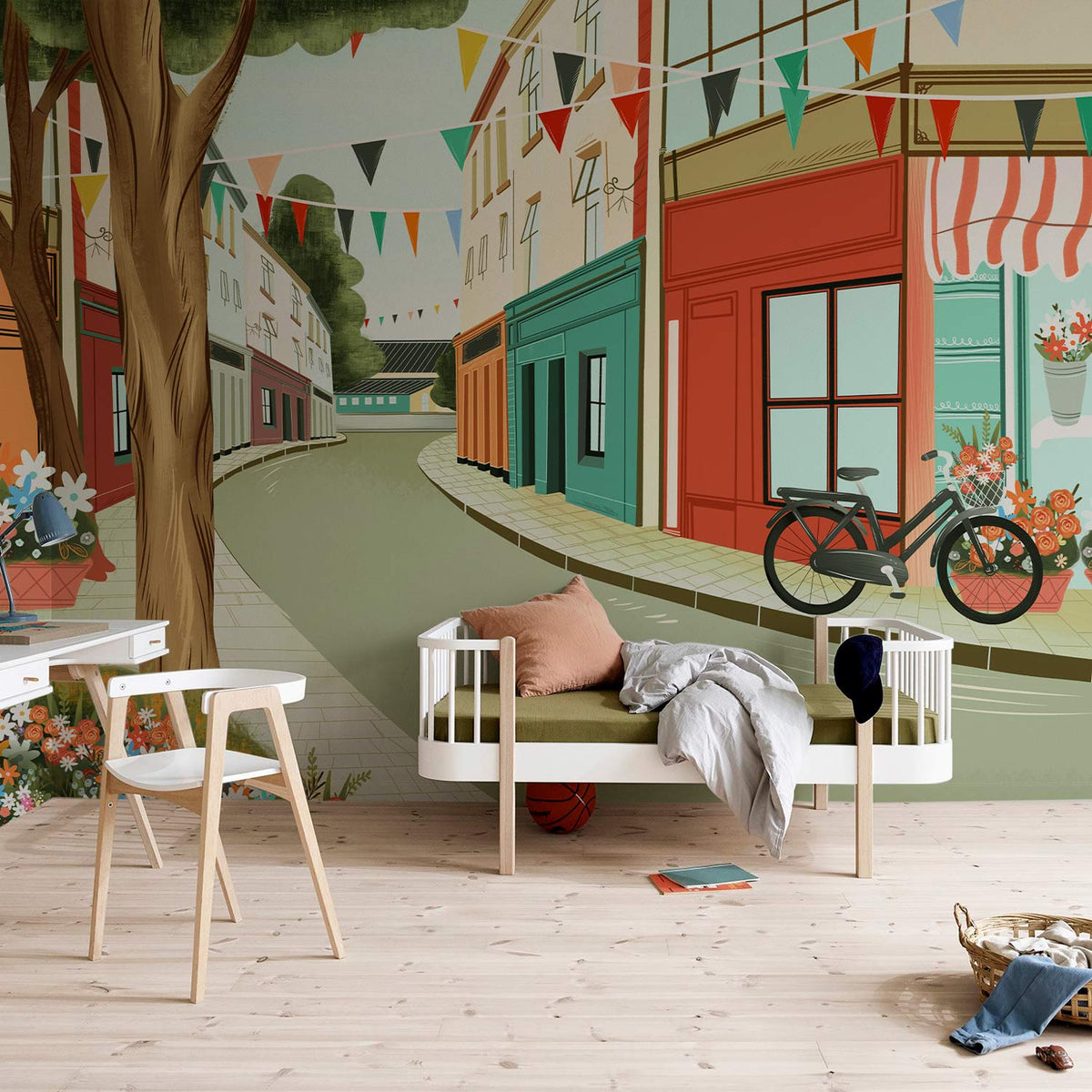 Charming Vintage Village Bicycle Scene Mural Wallpaper, pastel tones, wooden flooring, modern chair, living room.