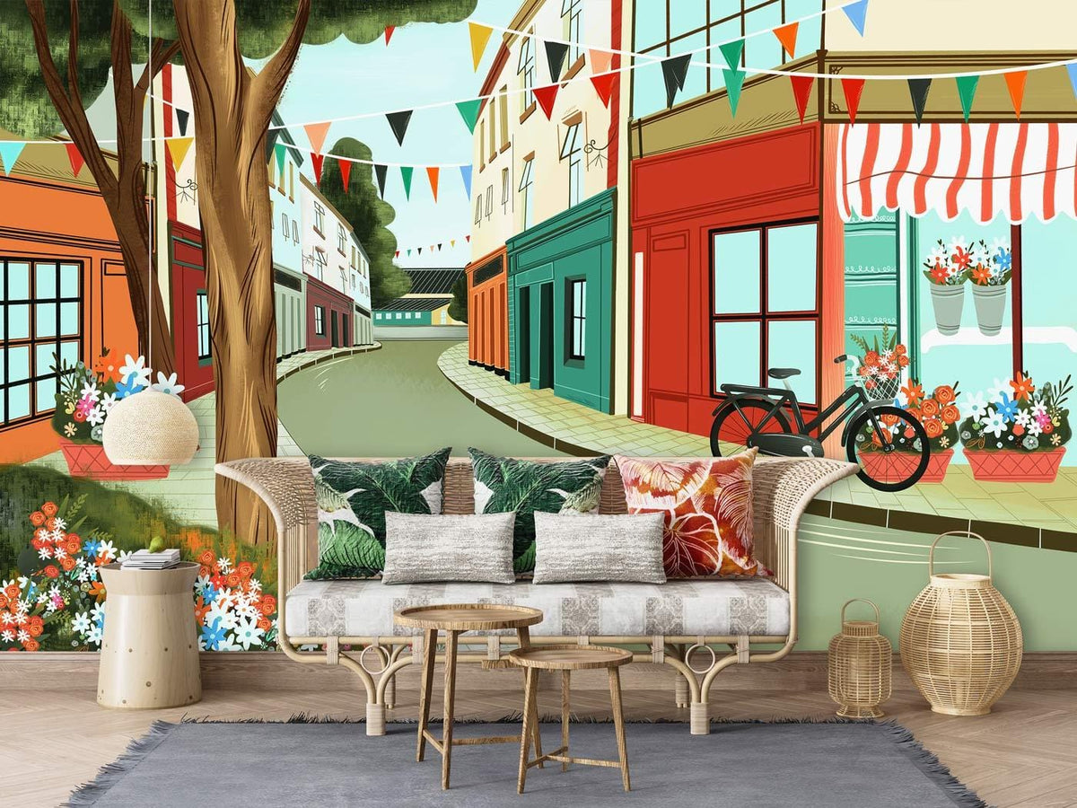 Charming mural with vintage village bicycle, pastel tones, light wood flooring, cosy beige sofa, living room.