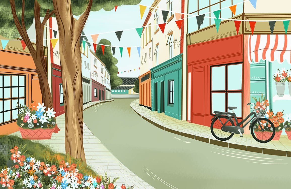 Charming Vintage Village Bicycle Scene Mural Wallpaper with Pastel Colours