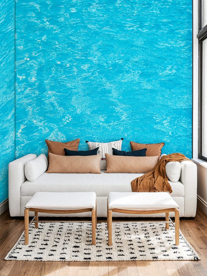 Tranquil Turquoise Water Texture Mural with beige sofa, wooden flooring, stylish modern living room decor.