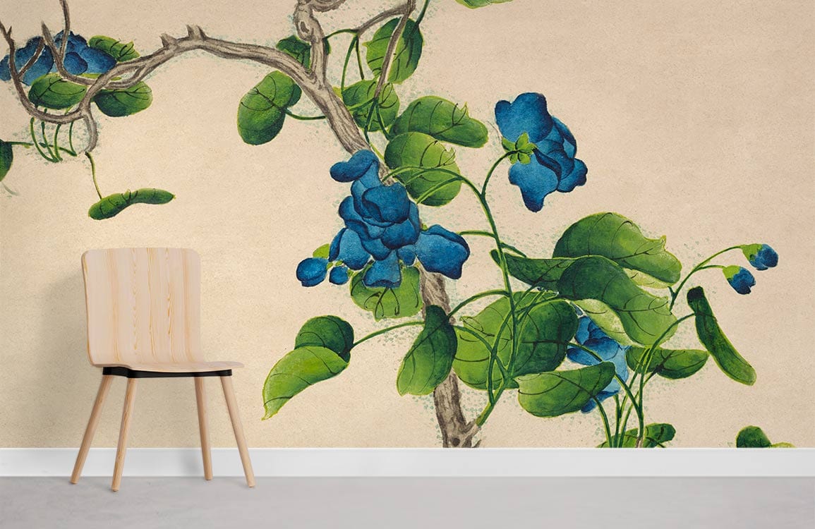 Elegant vintage blue floral botanical mural wallpaper with chair; perfect for timeless interior design.