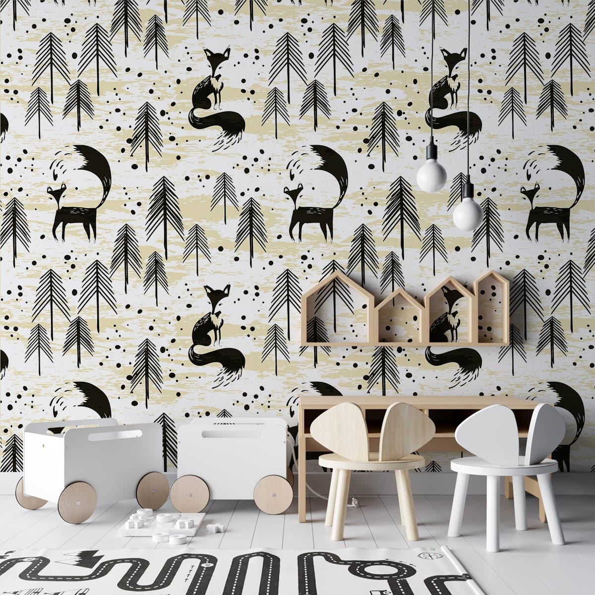 Elegant Nordic wallpaper with foxes and pines, Scandinavian children's room, light wood flooring, playful decor.