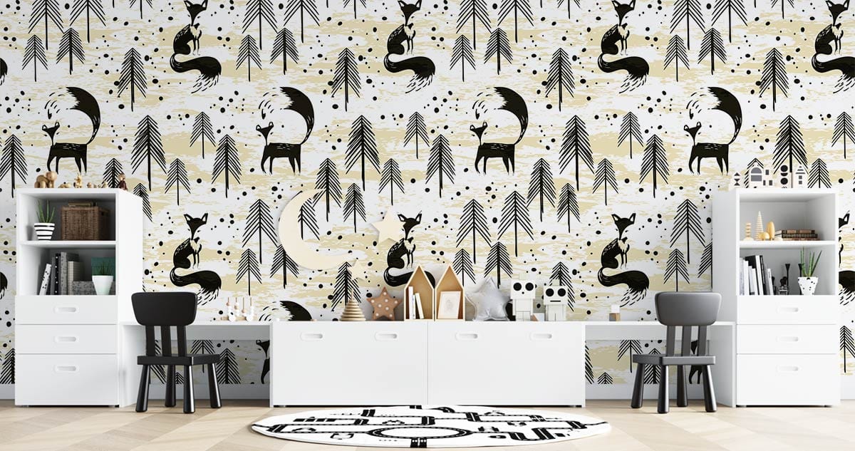 Modern Scandinavian living room with Monochrome Fox and Pine Woodland Pattern Wallpaper, featuring white desks.