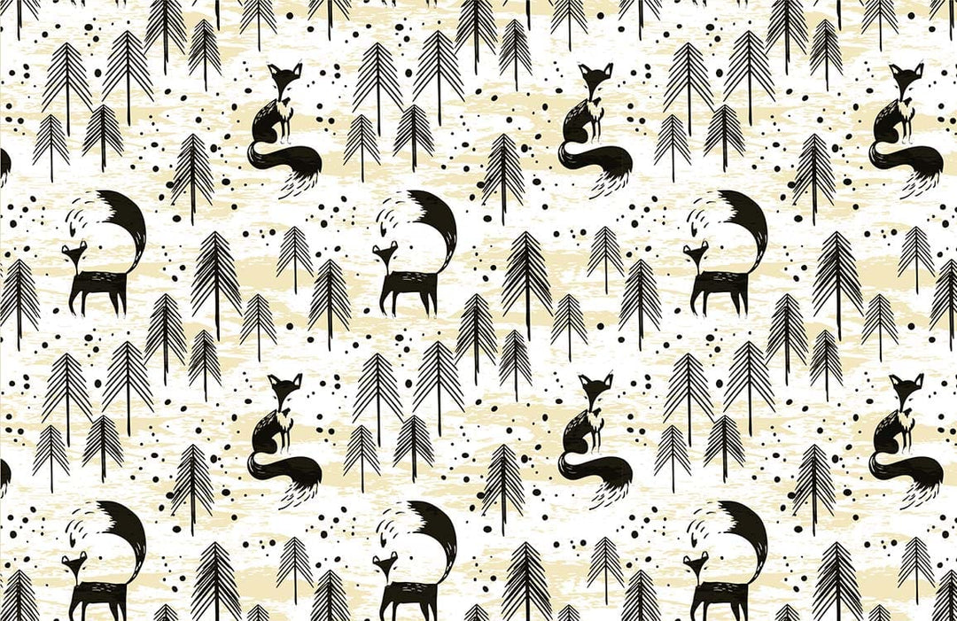Monochrome Fox and Pine Woodland Pattern Wallpaper - Elegant Nordic Design