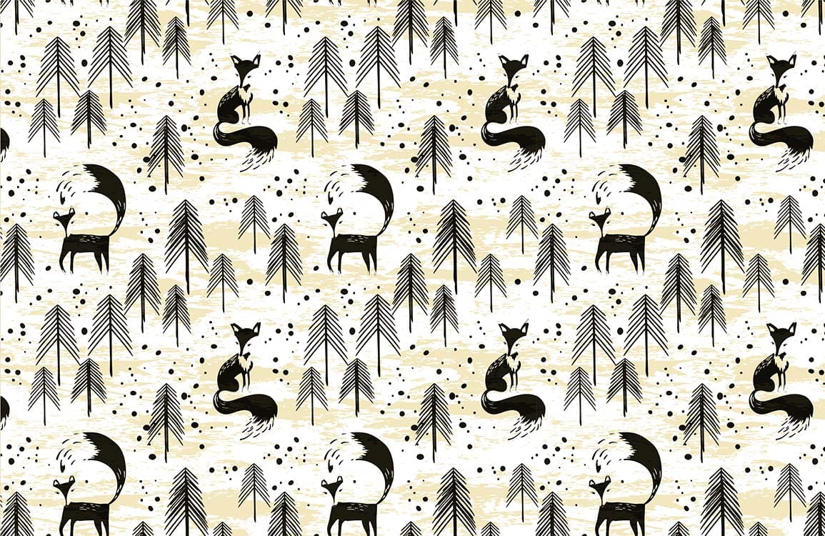 Monochrome Fox and Pine Woodland Pattern Wallpaper - Elegant Nordic Design