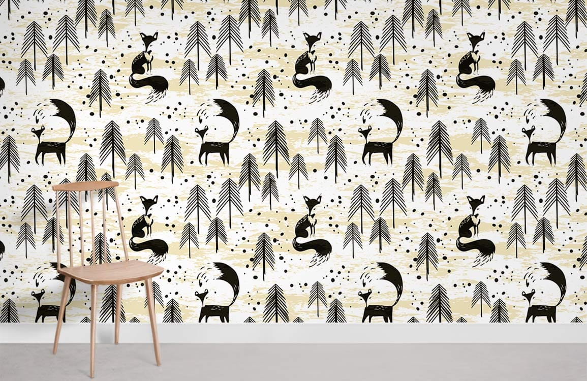 Monochrome fox and pine wallpaper, Nordic design, with wooden chair on grey flooring in living room.