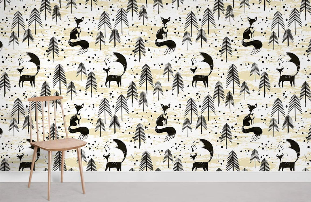Monochrome fox and pine wallpaper, Nordic design, with wooden chair on grey flooring in living room.