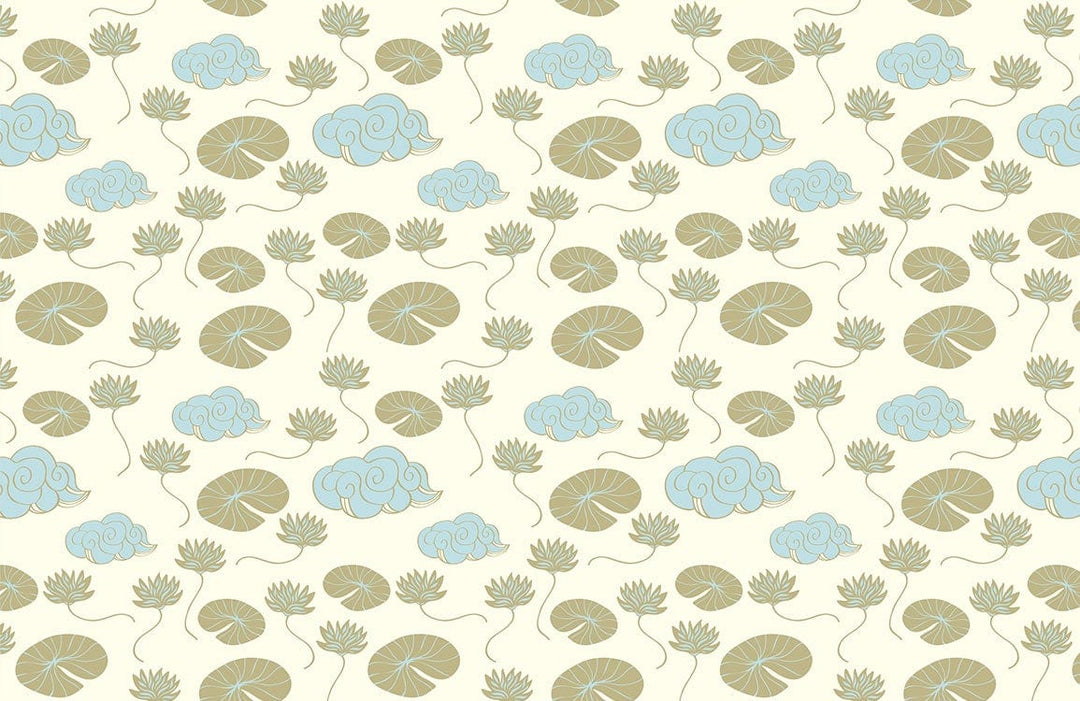 Elegant Natural Lotus Pond Cream and Blue Patterned Wallpaper Design