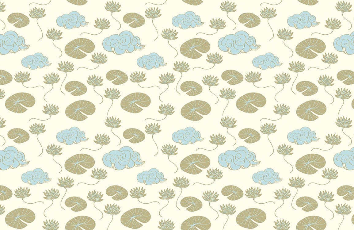 Elegant Natural Lotus Pond Cream and Blue Patterned Wallpaper Design