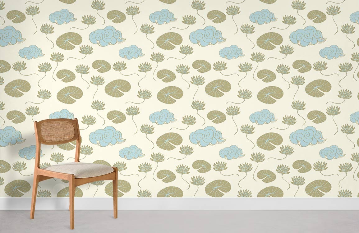 Elegant lotus pond cream blue patterned wallpaper in room with wooden chair on grey flooring.