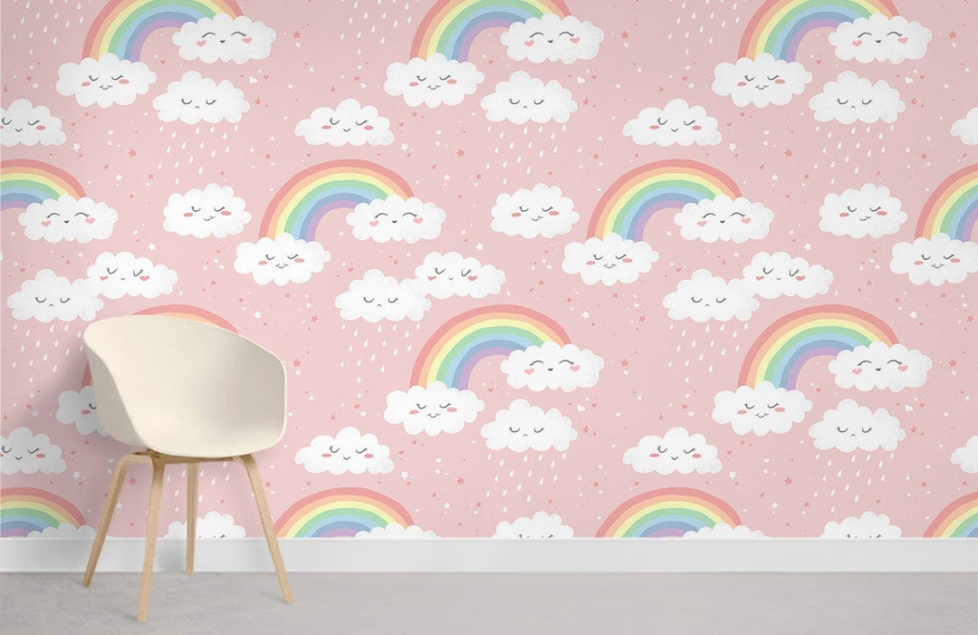 Dreamy pink rainbow cloud nursery wallpaper with chair, suitable for children's rooms; playful decor style.