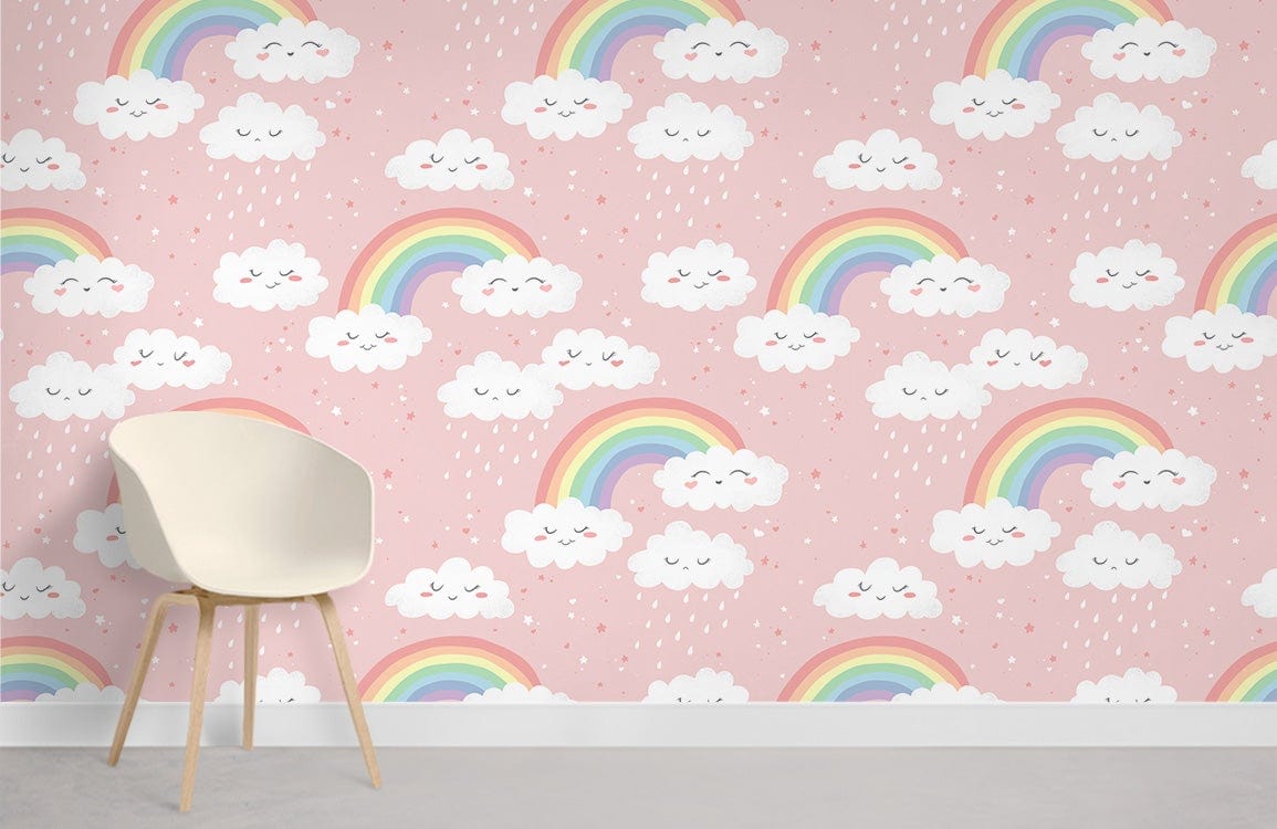 Dreamy pink rainbow cloud nursery wallpaper with chair, suitable for children's rooms; playful decor style.