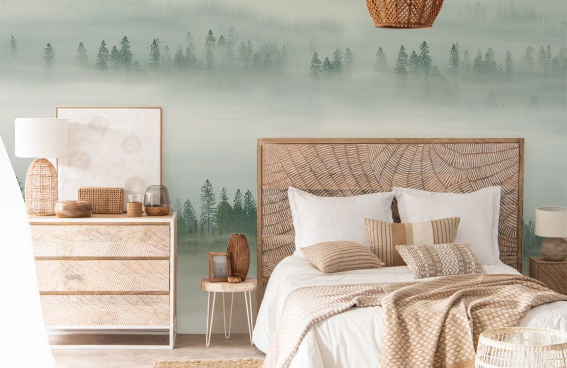 Tranquil Misty Forest Wallpaper, soft grey tones; beige bed, wicker decor, natural wood flooring.