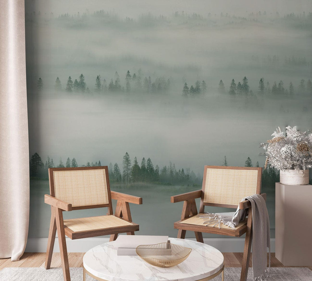 Tranquil Misty Forest Mural Wallpaper, grey tones, wooden chairs, marble table, stylish living room.