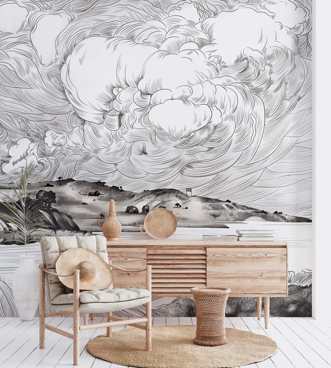 Monochrome Coastal Mural Wallpaper with art design, wooden sideboard, chair in stylish living room.