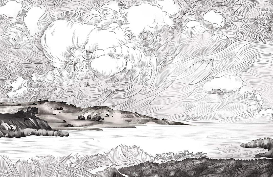 Monochrome Coastal Landscape Mural Wallpaper - Elegant Cloudscape Art Design