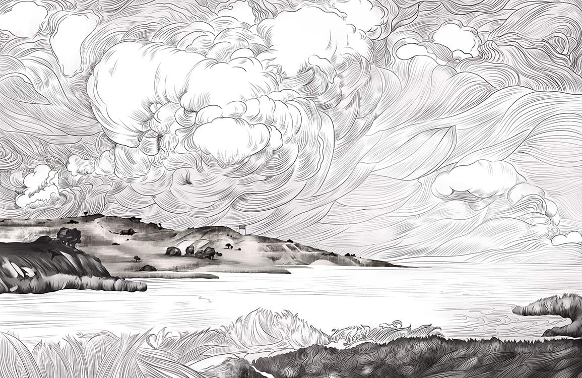 Monochrome Coastal Landscape Mural Wallpaper - Elegant Cloudscape Art Design