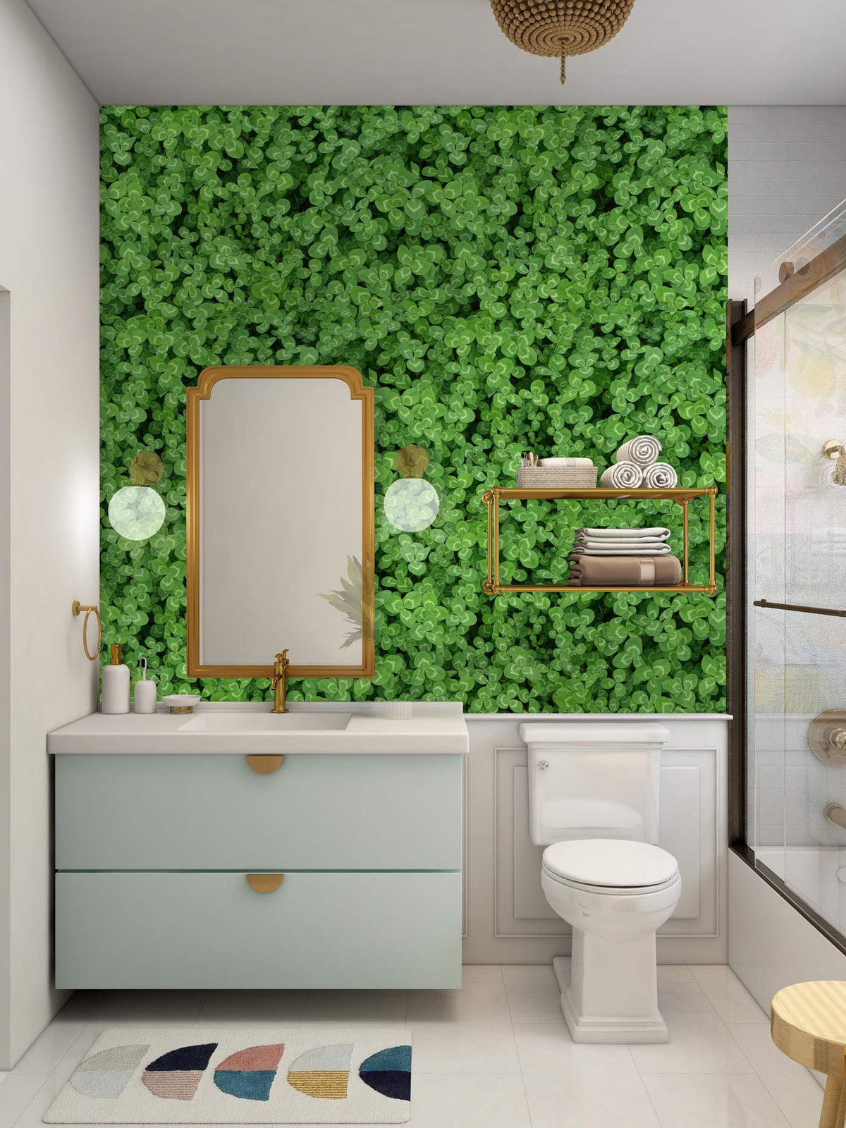 Luxurious green clover botanical wallpaper in elegant bathroom with pastel blue vanity, white tiles.