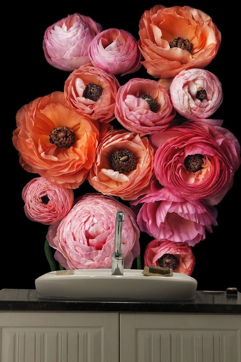 Vibrant Blooms Floral Mural Wallpaper in bathroom with white cabinets and metallic tap fixture.