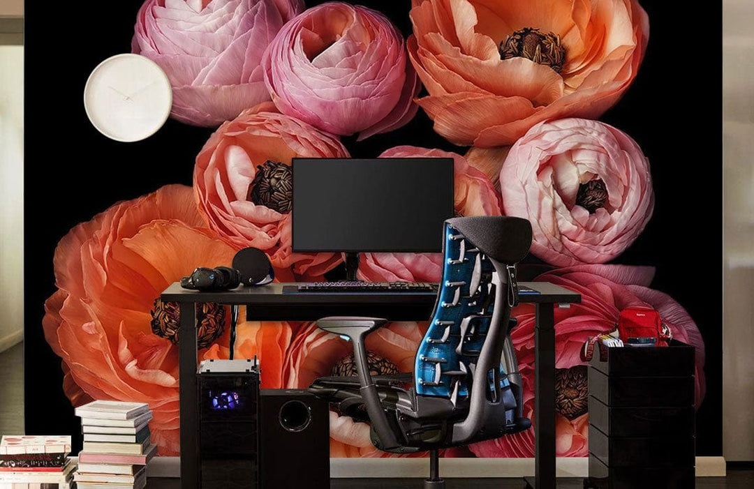 Vibrant Blooms Floral Mural Wallpaper enhances modern home office with dark desk and gaming chair.