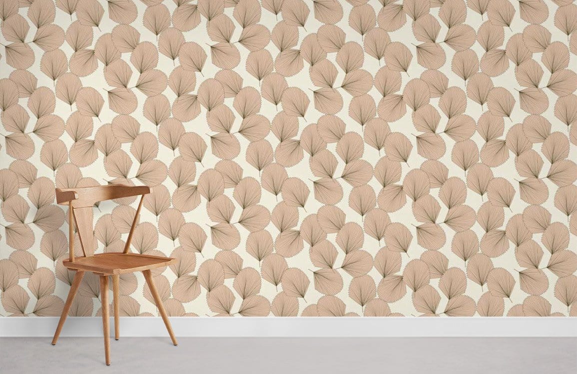 Elegant beige leaf wallpaper in modern room with wooden chair and grey flooring. Botanical design Décor.