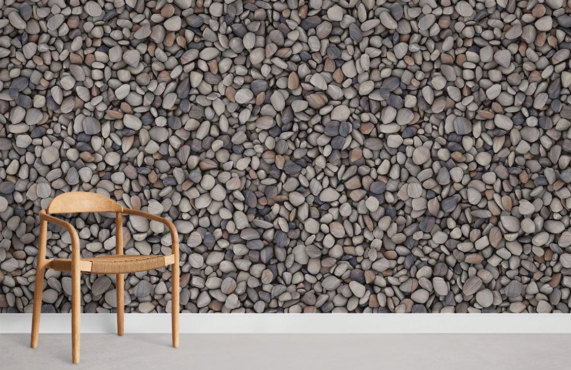 Chair against Natural Pebble Stone Textured Wallpaper in earthy grey and brown tones, minimalist style.