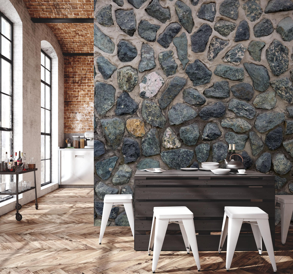 Rustic stone wall mural with natural grey pebble design in industrial-style kitchen, wooden flooring.