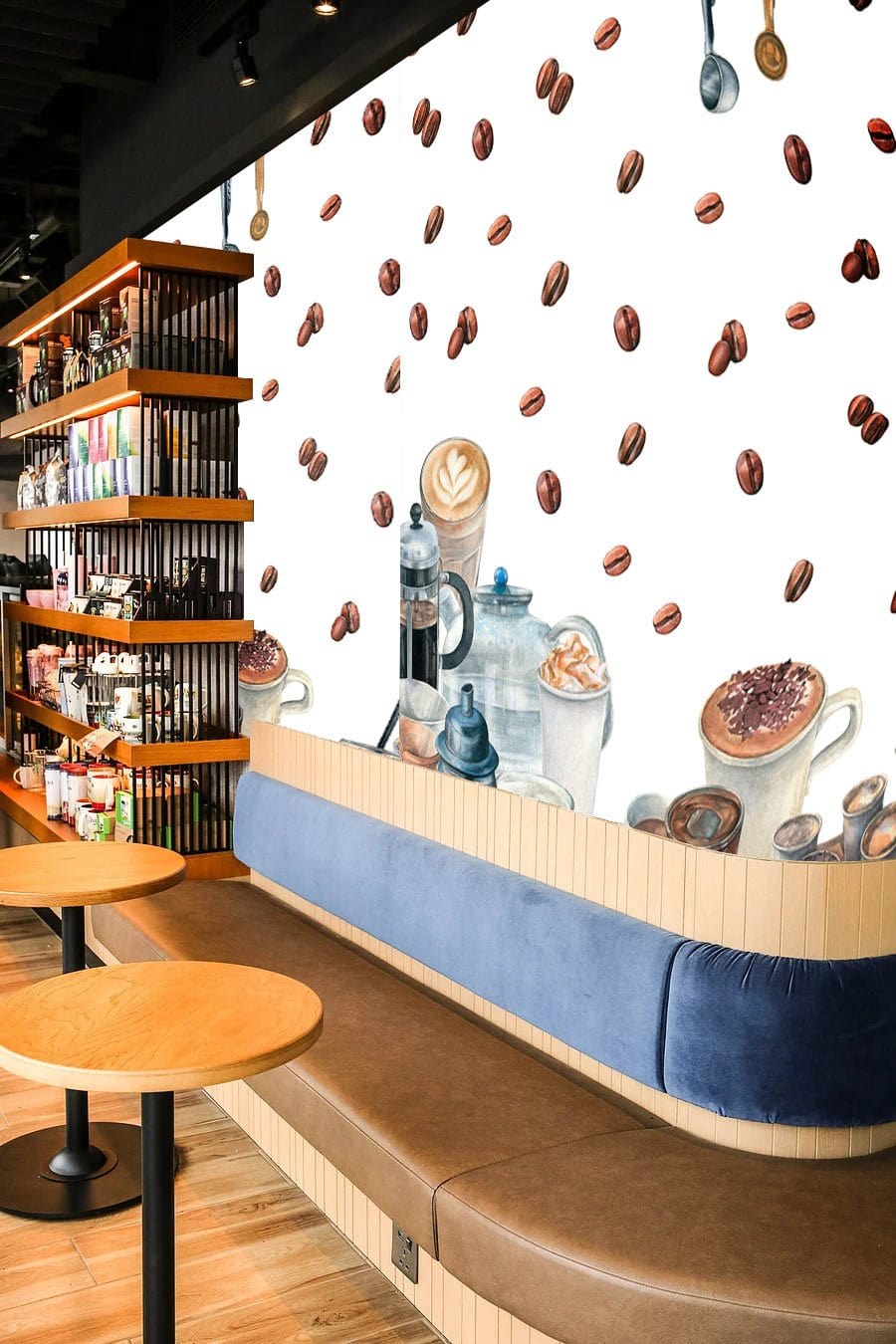 Café Chic Rustic coffee-patterned wallpaper, blue sofa, wooden tables, café setting, vintage style.