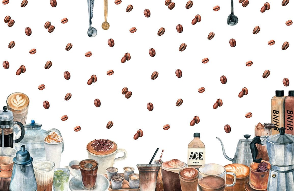 Café Chic Rustic Coffee-Themed Mural Wallpaper with Vintage Coffee Bean Pattern