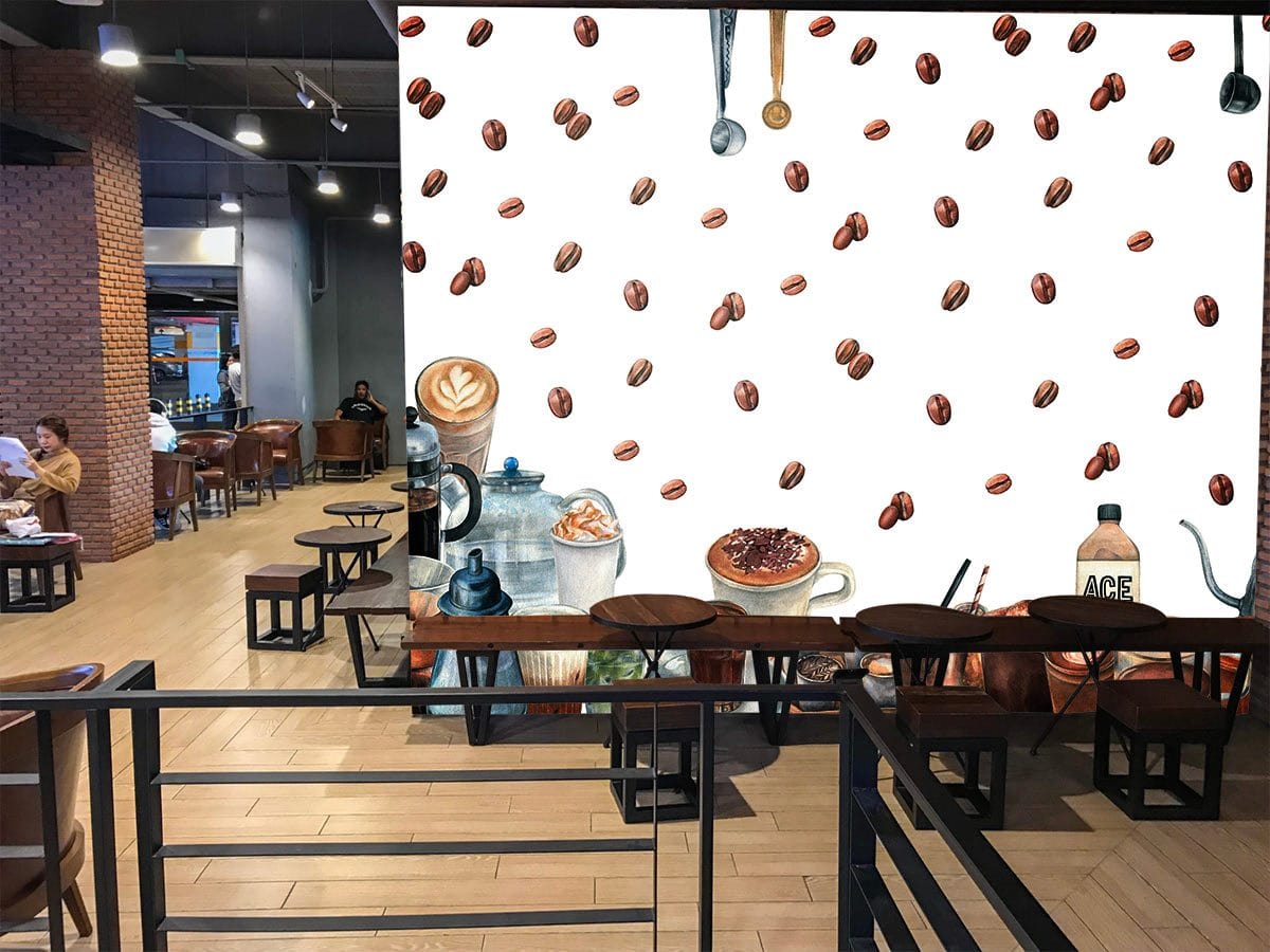 Café Chic Rustic Coffee-Themed Mural Wallpaper, vintage coffee bean design in café setting, wooden flooring.