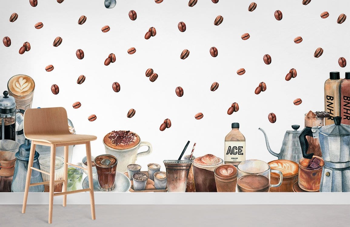 Café Chic Rustic Coffee Mural Wallpaper, vintage pattern, minimalist wood chair, contemporary white flooring.